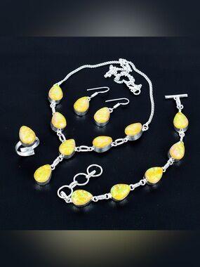 Silver Yellow Opal Teardrop Jewelry Set - Necklace Earrings Bracelet Ring